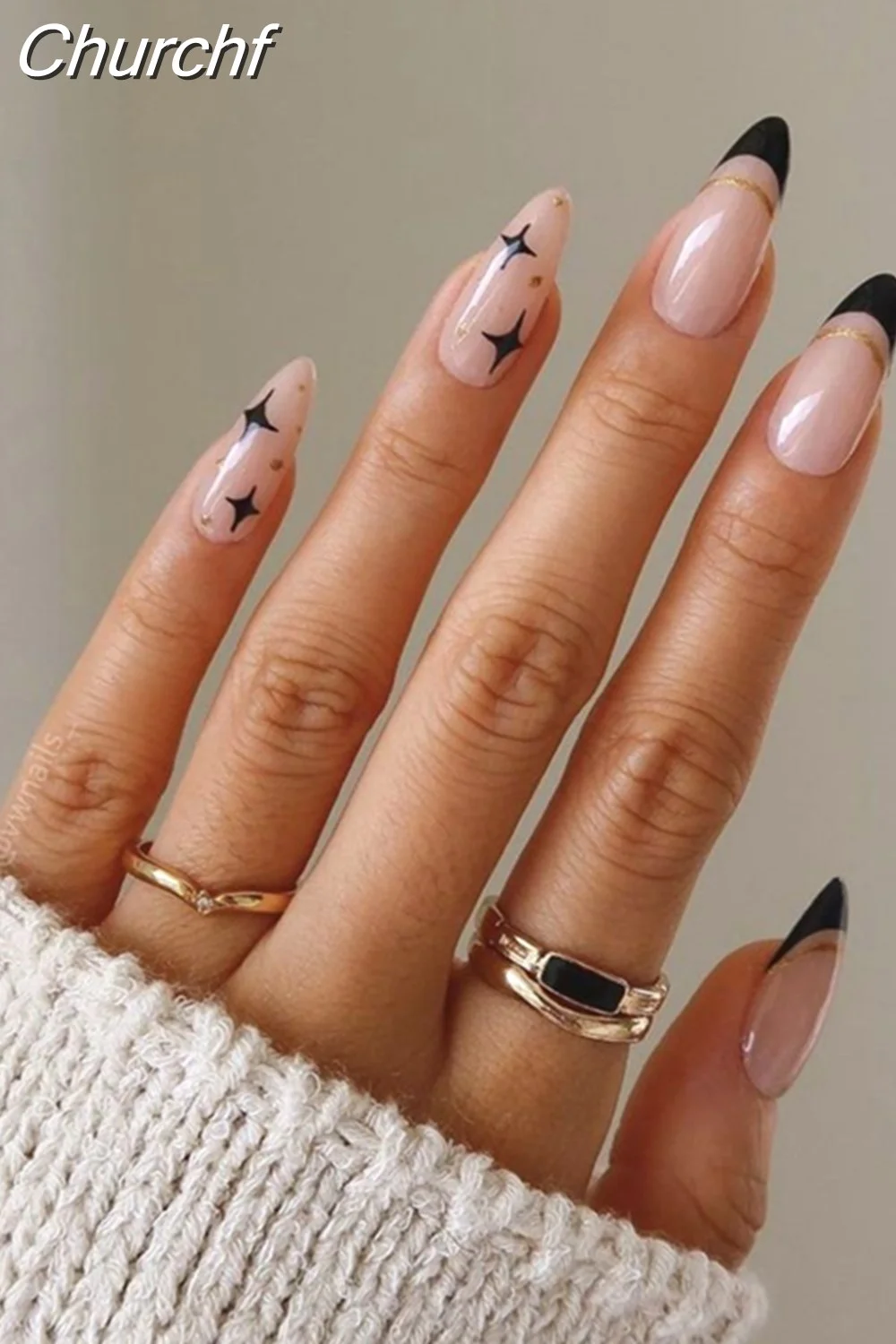 Churchf Short Almond Black Flower False Nail Finished Nail Patches French Stiletto Fake Nails Full Cover Nail Tips Press On Nail-Nail Inspo