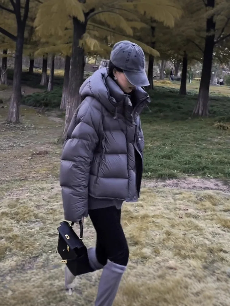 Woherb Puff Soft Glutinous Hooded Short Down Jacket Women's Winter New Thick Small Turtle Back Ken Bean Bread Coat-Outfit Ideas