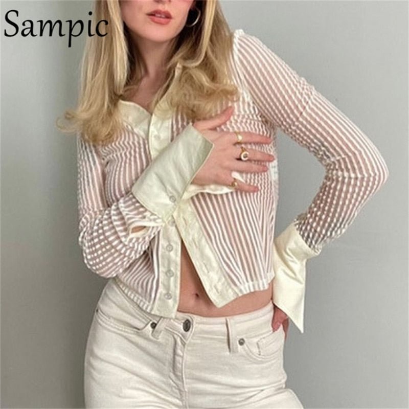 Sampic Chic Women Mesh See Through Basic Skinny Y2K Fashion Striped T Shirt Tops Long Sleeve Sexy V Neck Blouse Shirt Casual
