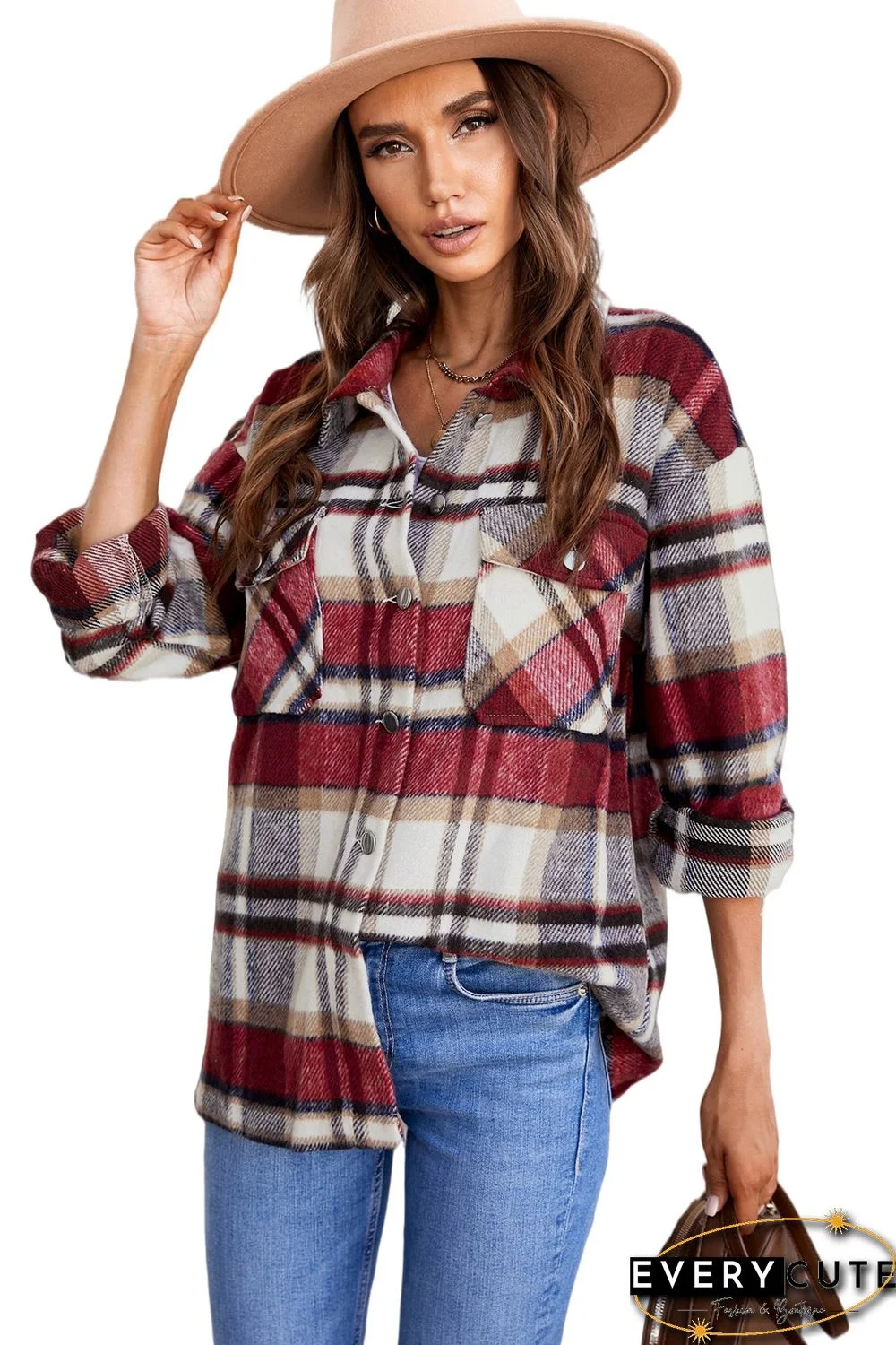 Geometric Plaid Print Pocketed Shirt