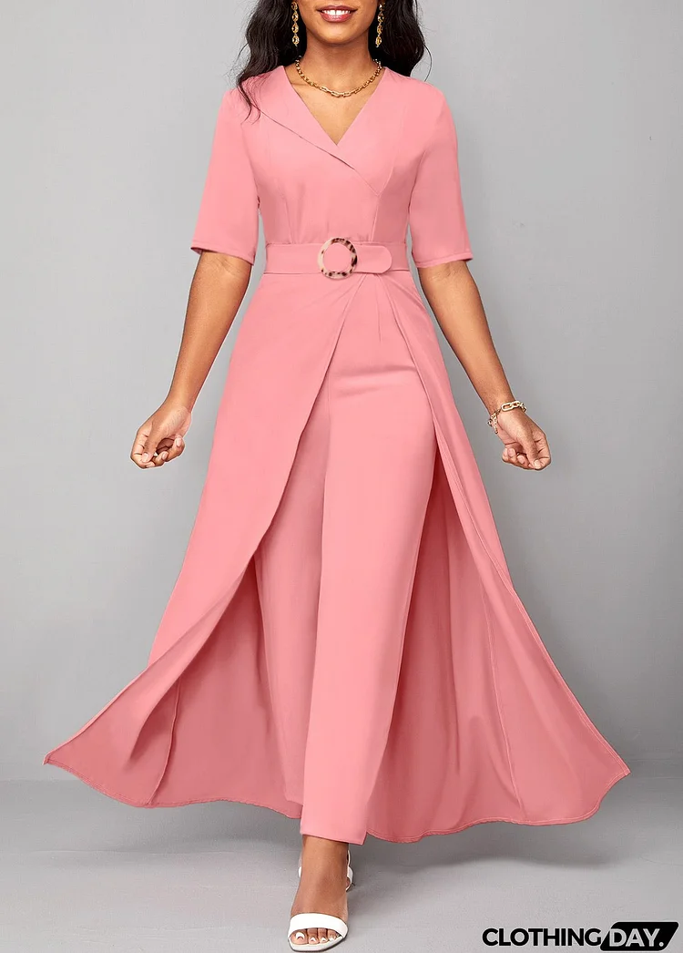 Pink Belted Short Sleeve V Neck Jumpsuit