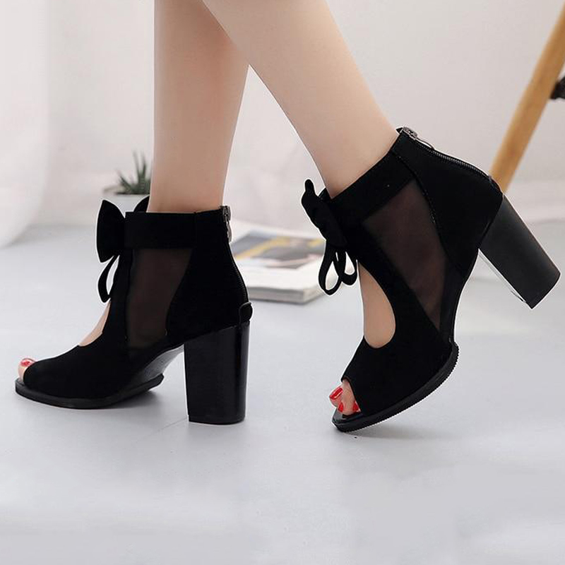 Black Mesh Peep Toe Chunky Heel Ankle Boots with Bow  Nicepairs