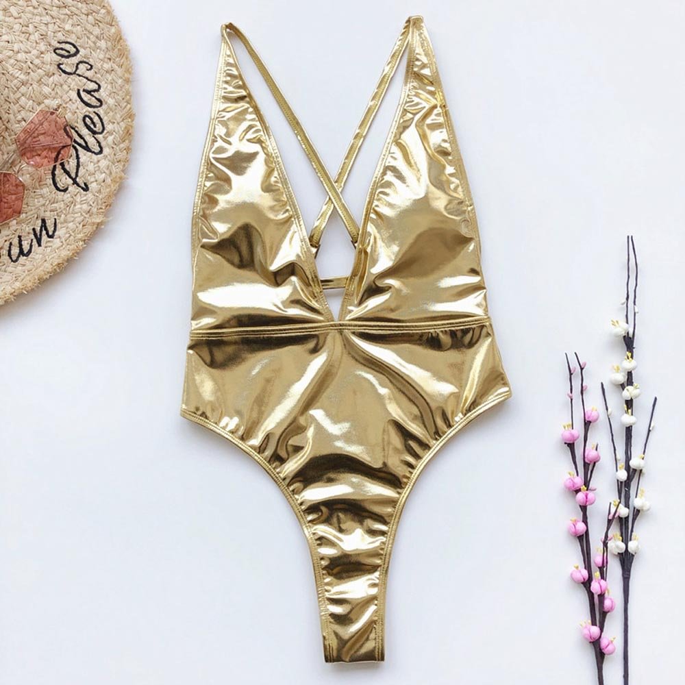 Sexy Deep V Pu Faux Leather High Leg Cut Monokini Women Swimwear One Piece Swimsuit Female Bather Bathing Suit Swim Lady