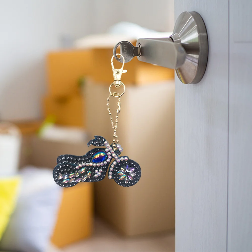 Motorcycle Special Shaped DIY Bright Diamond Painting Kit Keychain for Bag(Double Side)