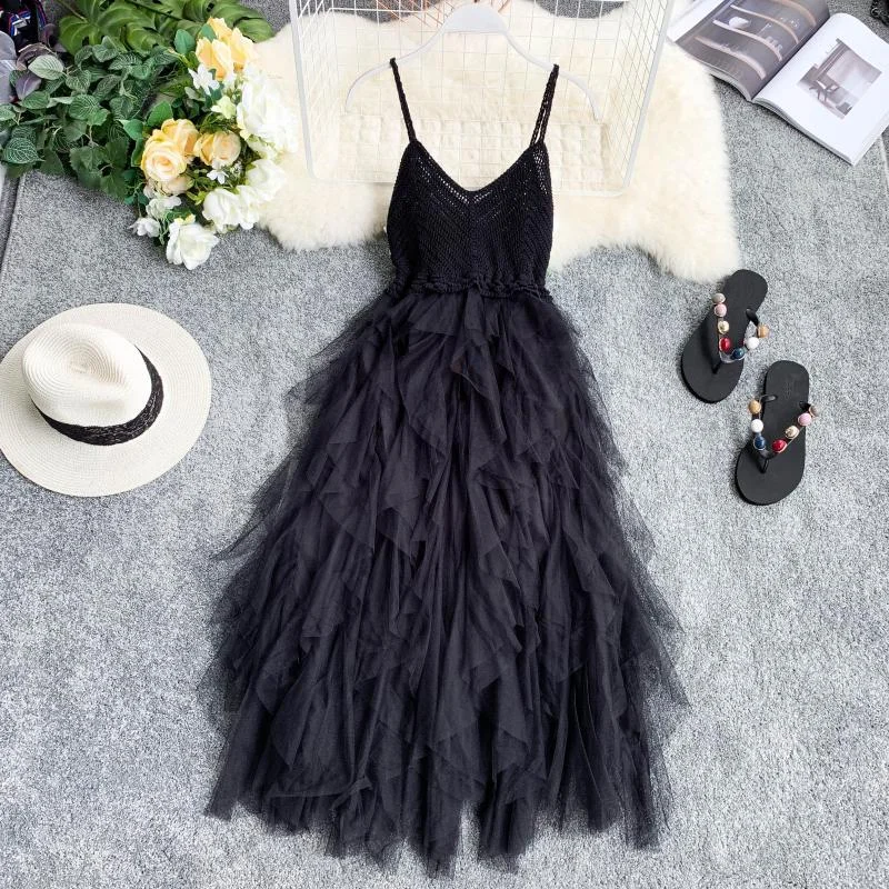FTLZZ New Women Tulle Dress Summer Mesh Dress Summer High Waist Hem Asymmetrical Pleated Fairy Dress Female Slim Dresses