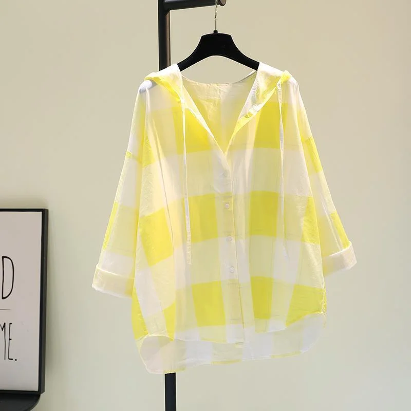 Uveng Uveng Lattice Hooded Sunscreen Woman 2025 Spring And Summer New Korean Version Of Loose Casual Shirt Thin Top Card