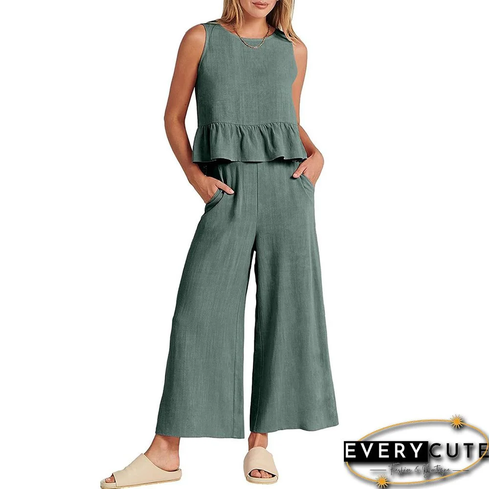 Gary Green Sleeveless Pleated Tank and Wide Leg Pants set