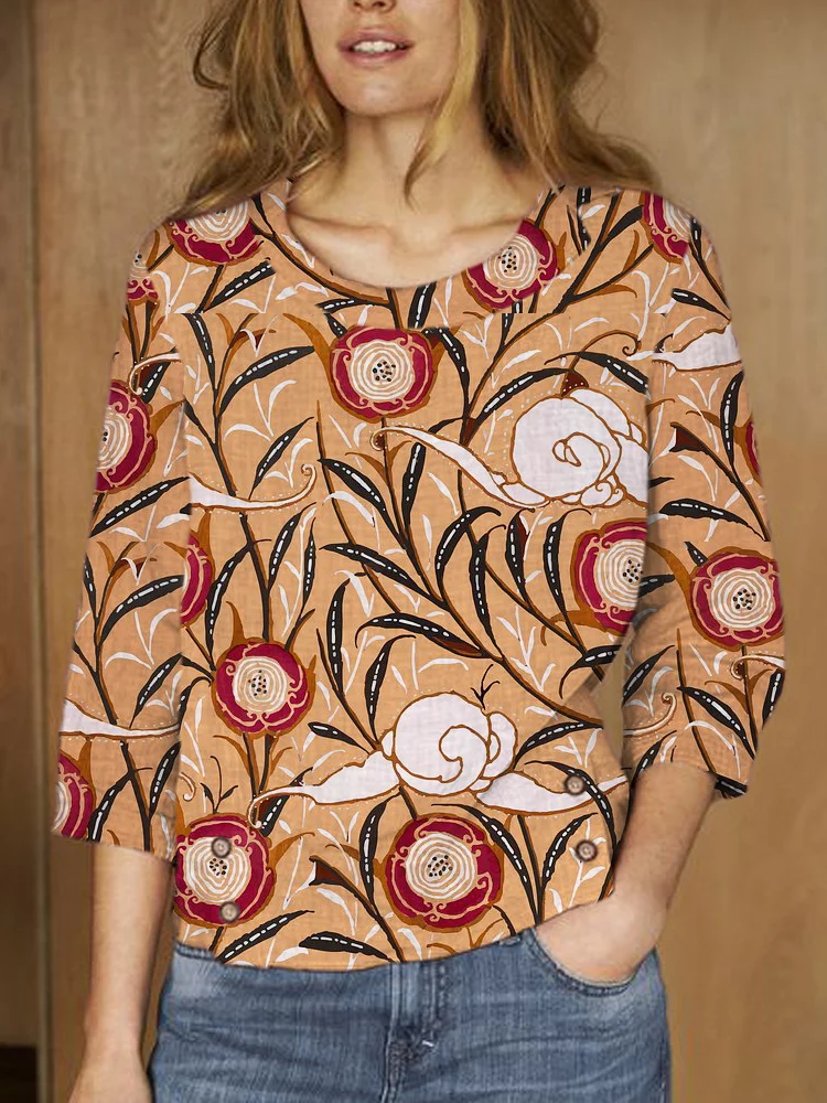 Aesthetic Flower Pattern Linen Lapel Shirt