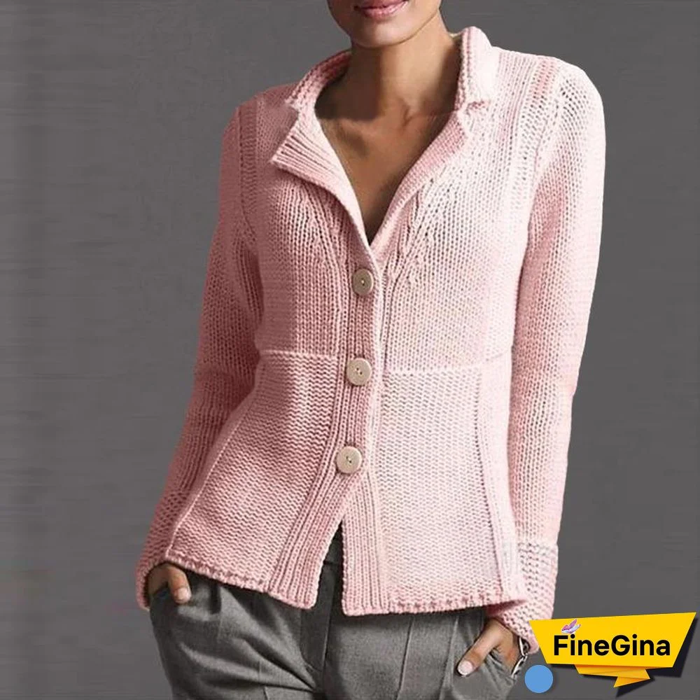 Lapel Plain Button Knit Sweater Cardigan