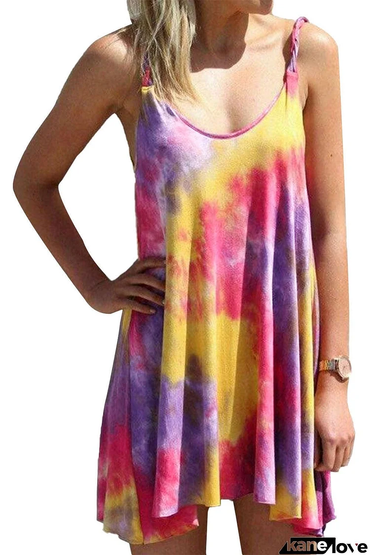 U Neck Gradient Color Printed Sling Sleeveless Swing Mini Dress