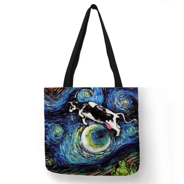 Linen Eco-friendly Tote Bag -  Van Gogh/Starry Sky Animal Dog