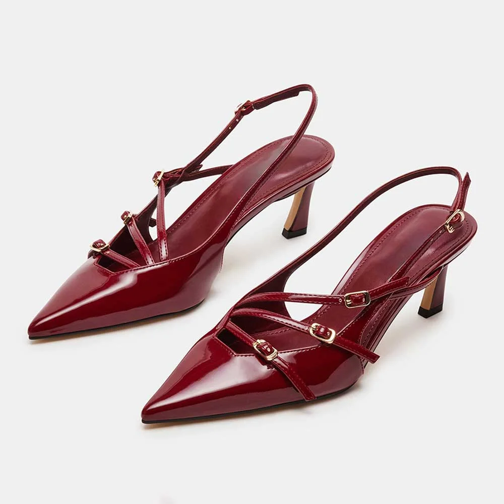 Maroon Patent Leather Pointed Toe Multiple Straps Slingback Pumps Nicepairs