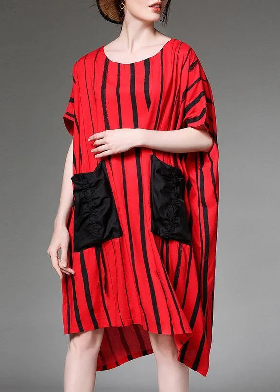 Simple cotton linen clothes For Women Fashion red Striped Print Summer Plus Size Dress