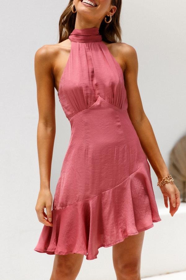 Elegant Solid Color Halter Mini Dress