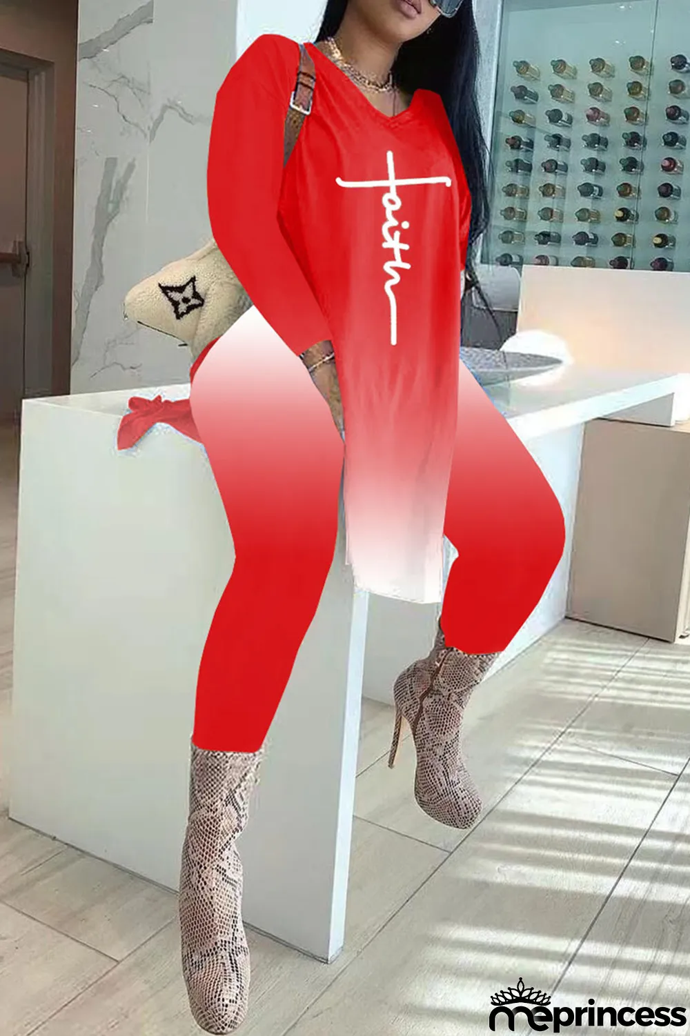 Red Fashion Casual Gradual Change Print Patchwork Slit V Neck Long Sleeve Two Pieces