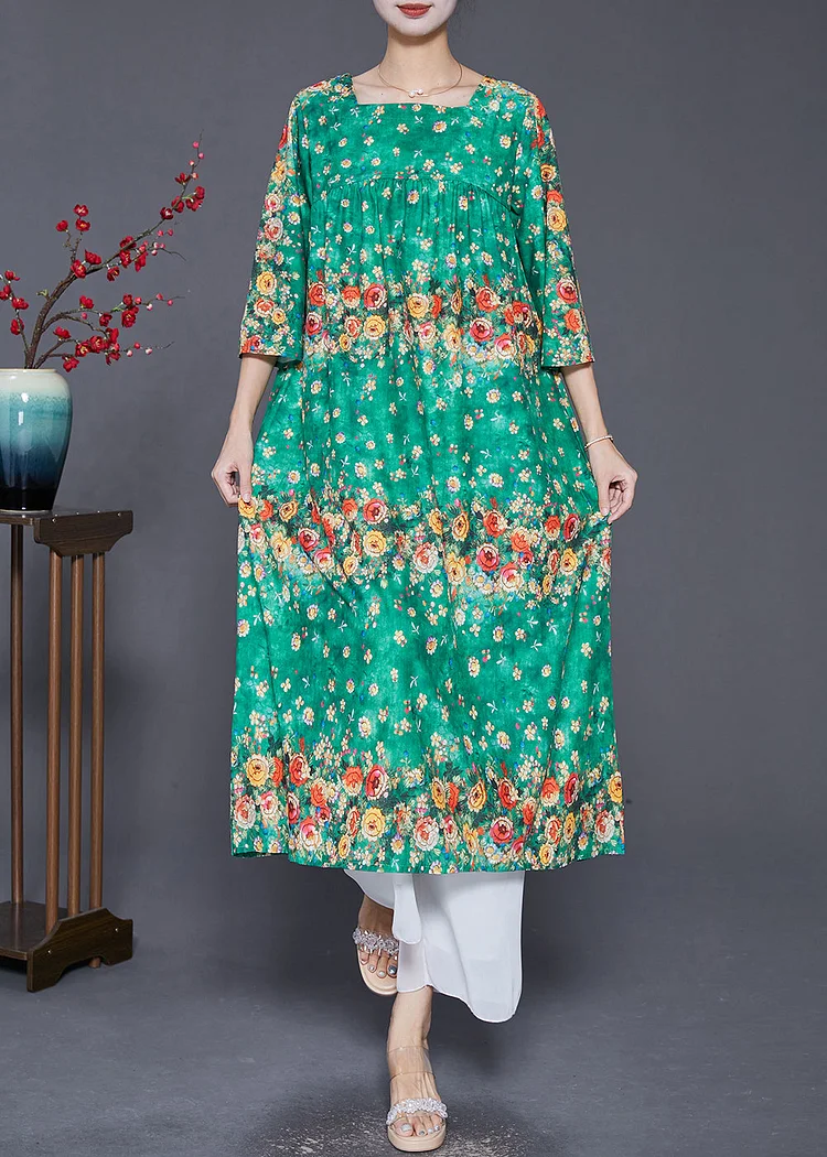 Casual Green Square Collar Floral Print Silk Dresses Summer