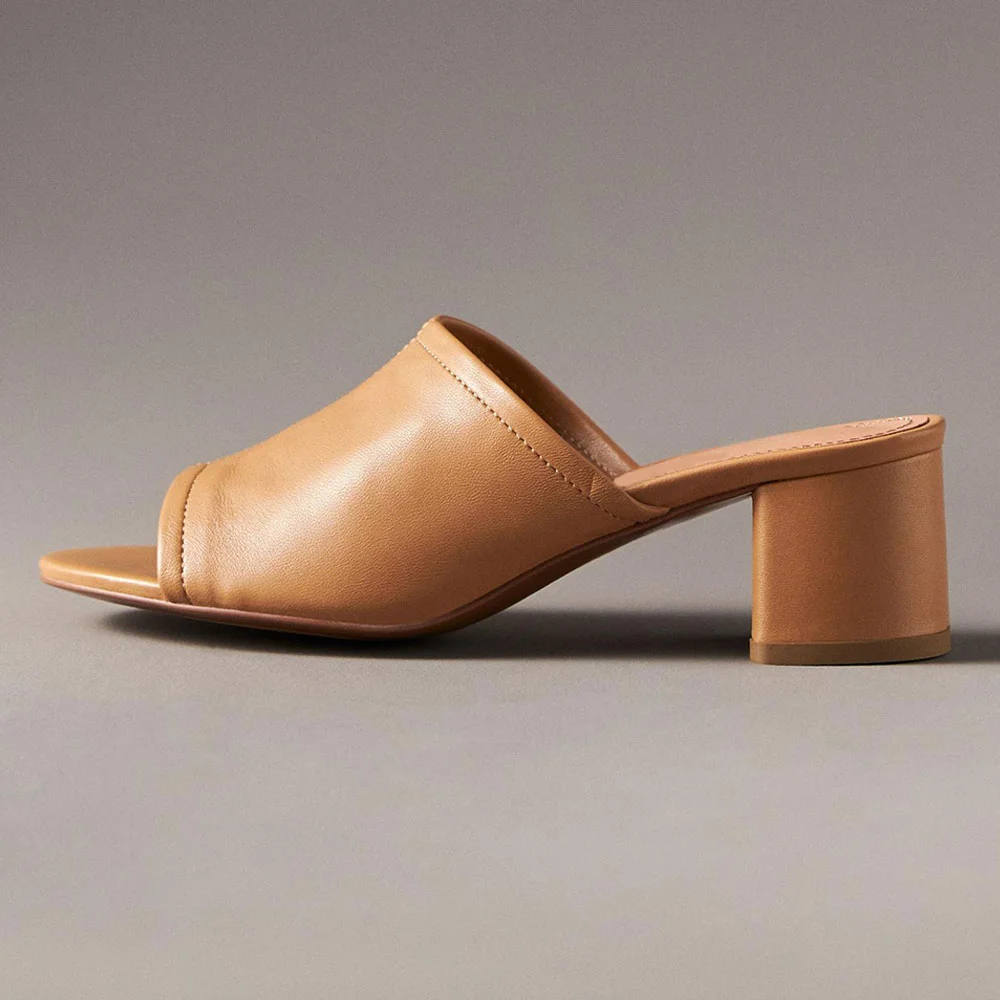 Tan Vegan Leather Chunky Heel Open-Toe Slide Shoes for Women