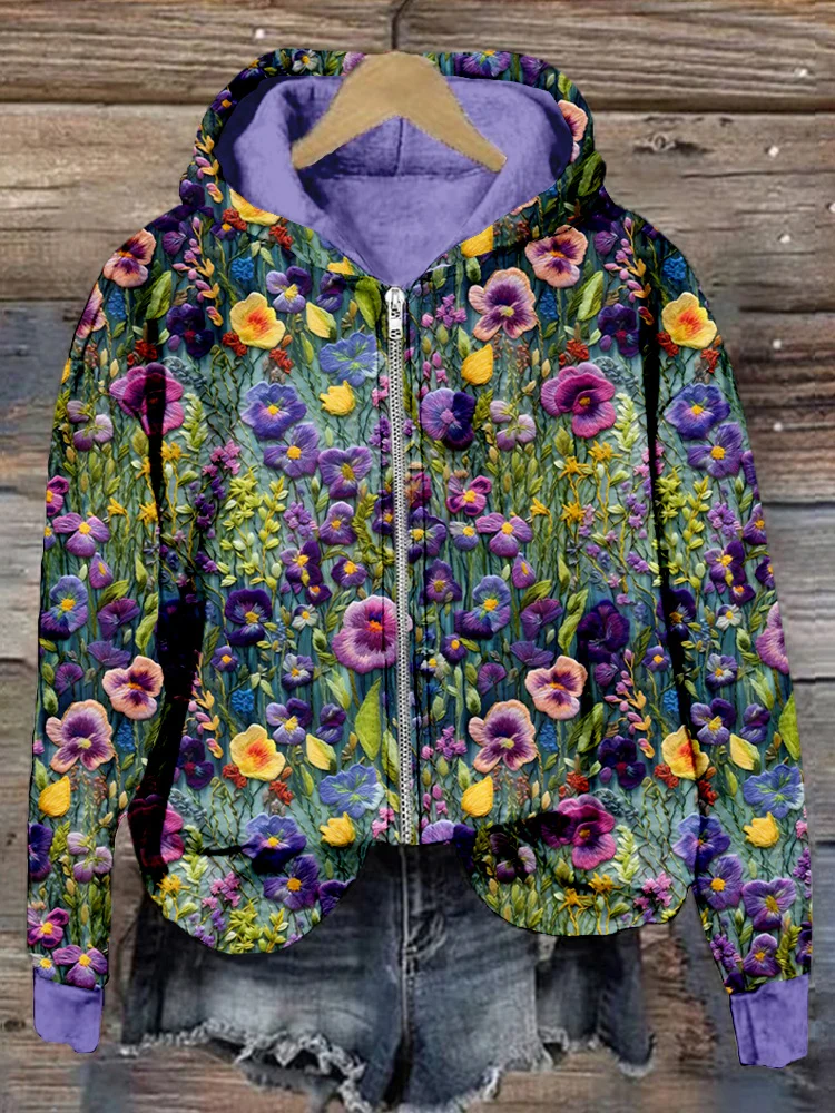 VChics Violet Wildflower Embroidery Art Zip Up Comfy Hoodie