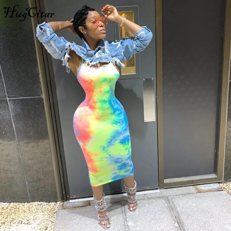 Hugcitar tie dye slip backless sexy 2019 summer autumn women fashion high waist slim party elegant bodycon midi dress