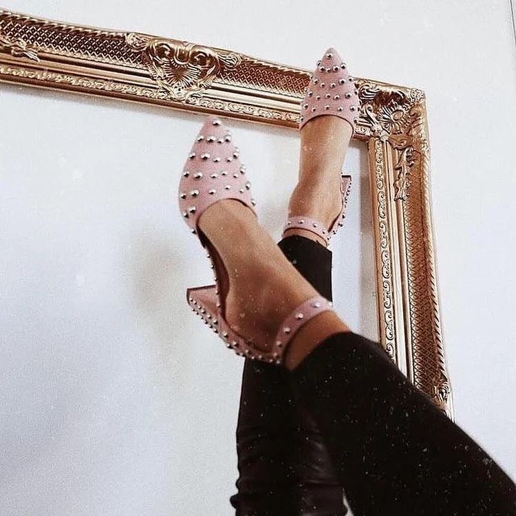 Pink Vegan Suede Studs Chunky Heels Ankle Strap Pumps |FSJ Shoes