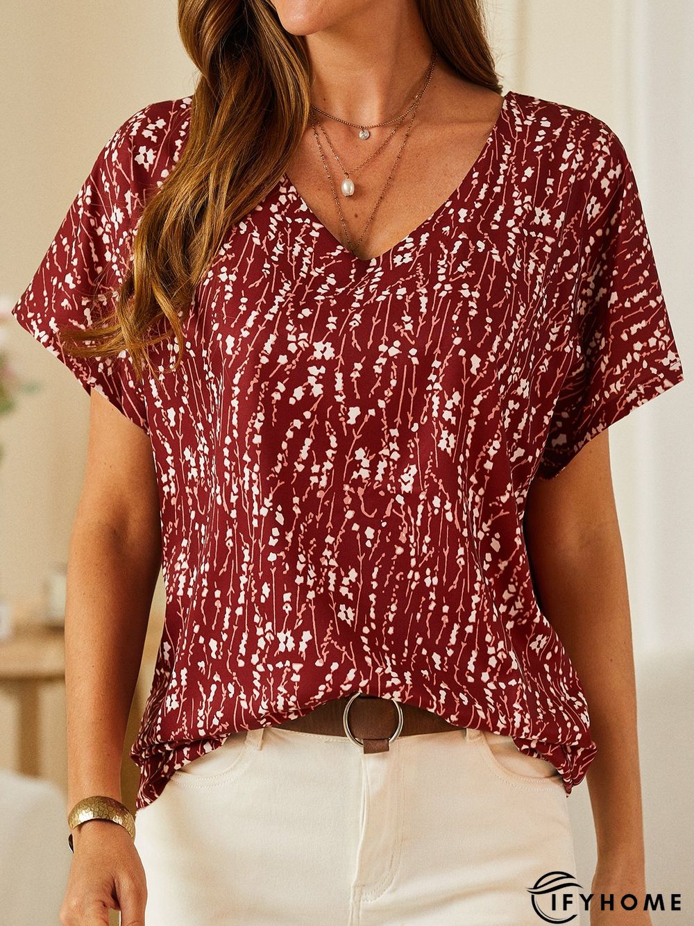 V Neck Floral Casual Loosen Top | IFYHOME