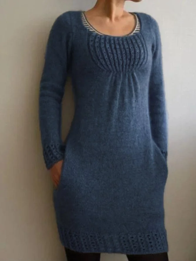 Long Sleeve Solid Round Neck Casual Pockets Sweater