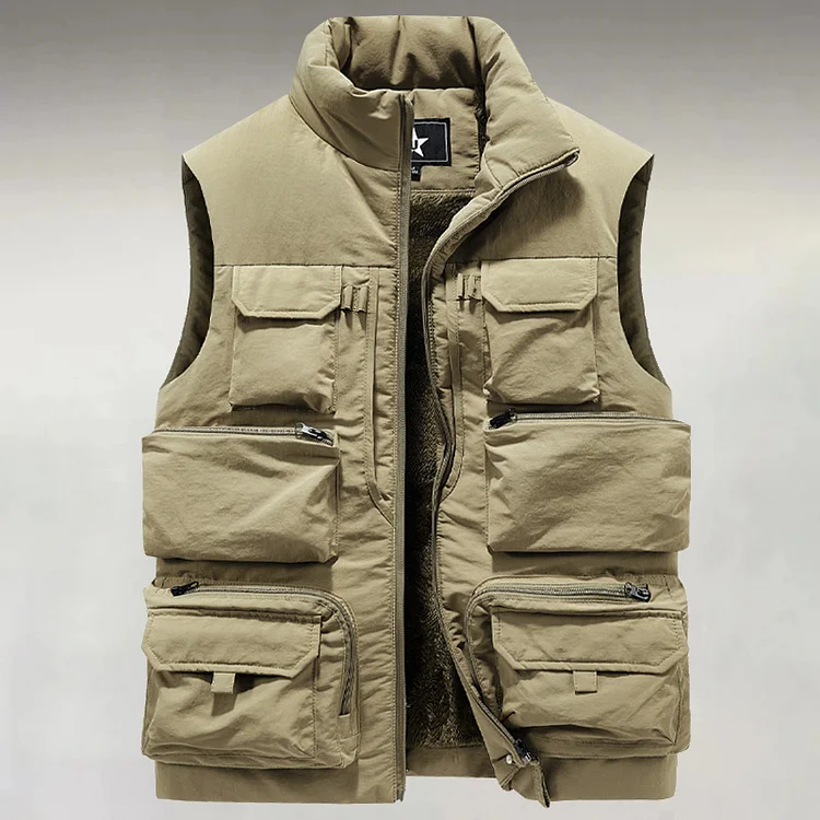 Men's Outdoor Stand Collar Multi-pocket Thickened Zipper Fleece-lined Quilted Vest
