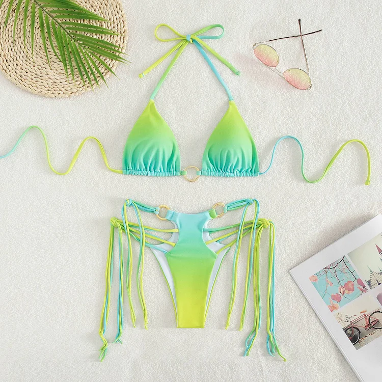 Women's Sexy Gradient Knot Halter Summer Beach Tassel Swimsuit Bikini VOCOSI VOCOSI