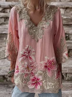 Vintage Pink Lily Glitter Lace Flowy Linen Tunic