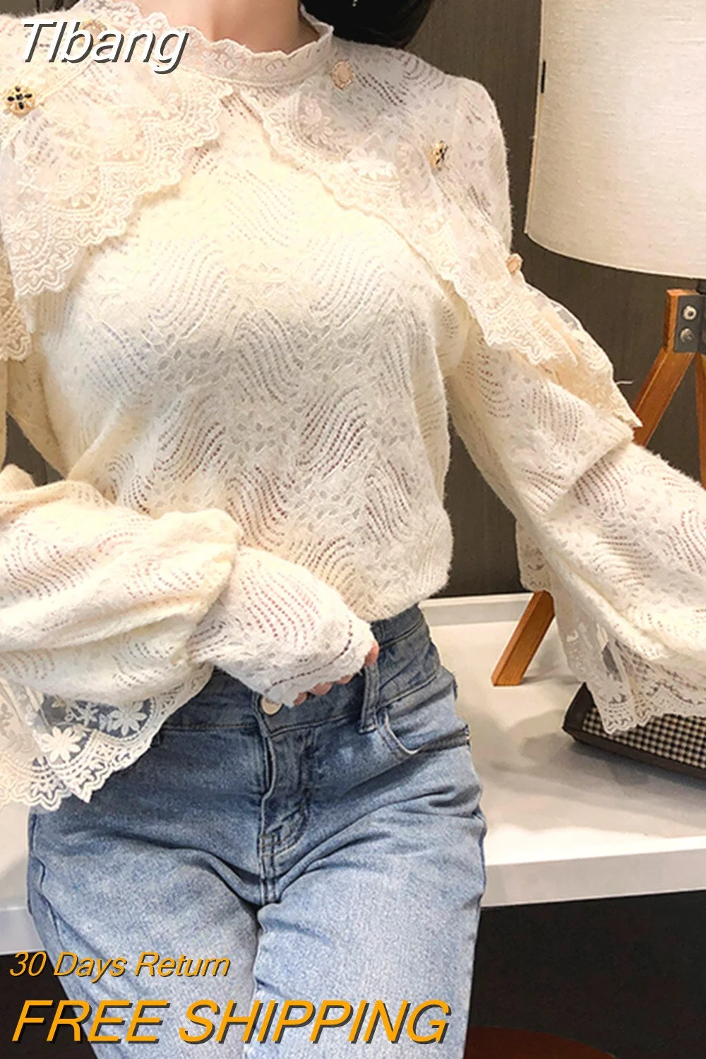 Tlbang Crochet Lace Blouse Women Chic Ruffle Lace Stitching Shawl Ladies Stand Collar Tops 2023 Spring Long Sleeve Slim Shirt13025