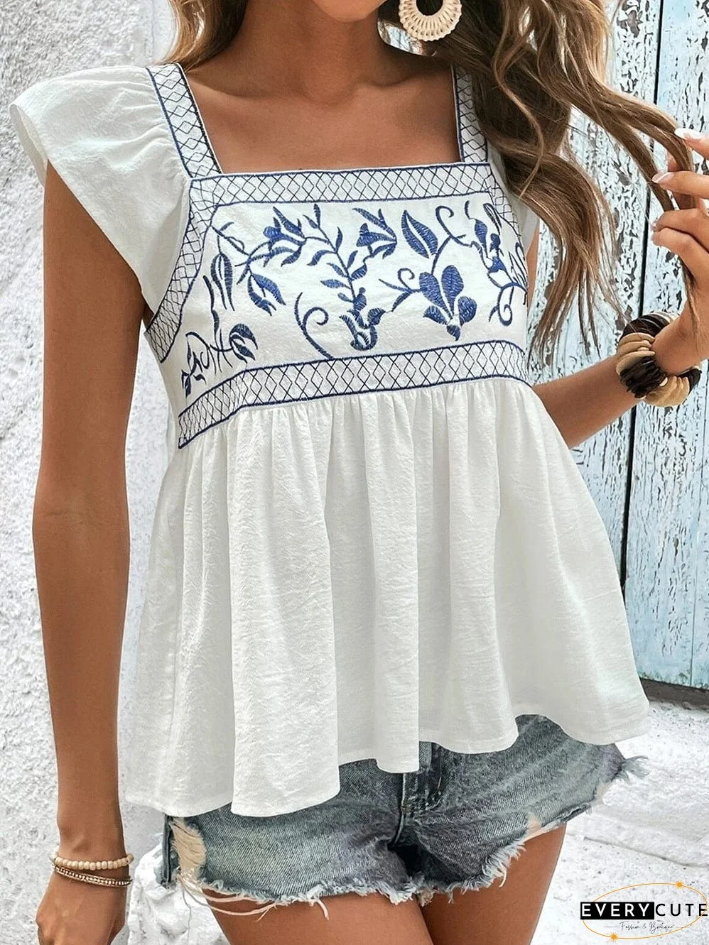 White Summer Peplum Top with Embroidery
