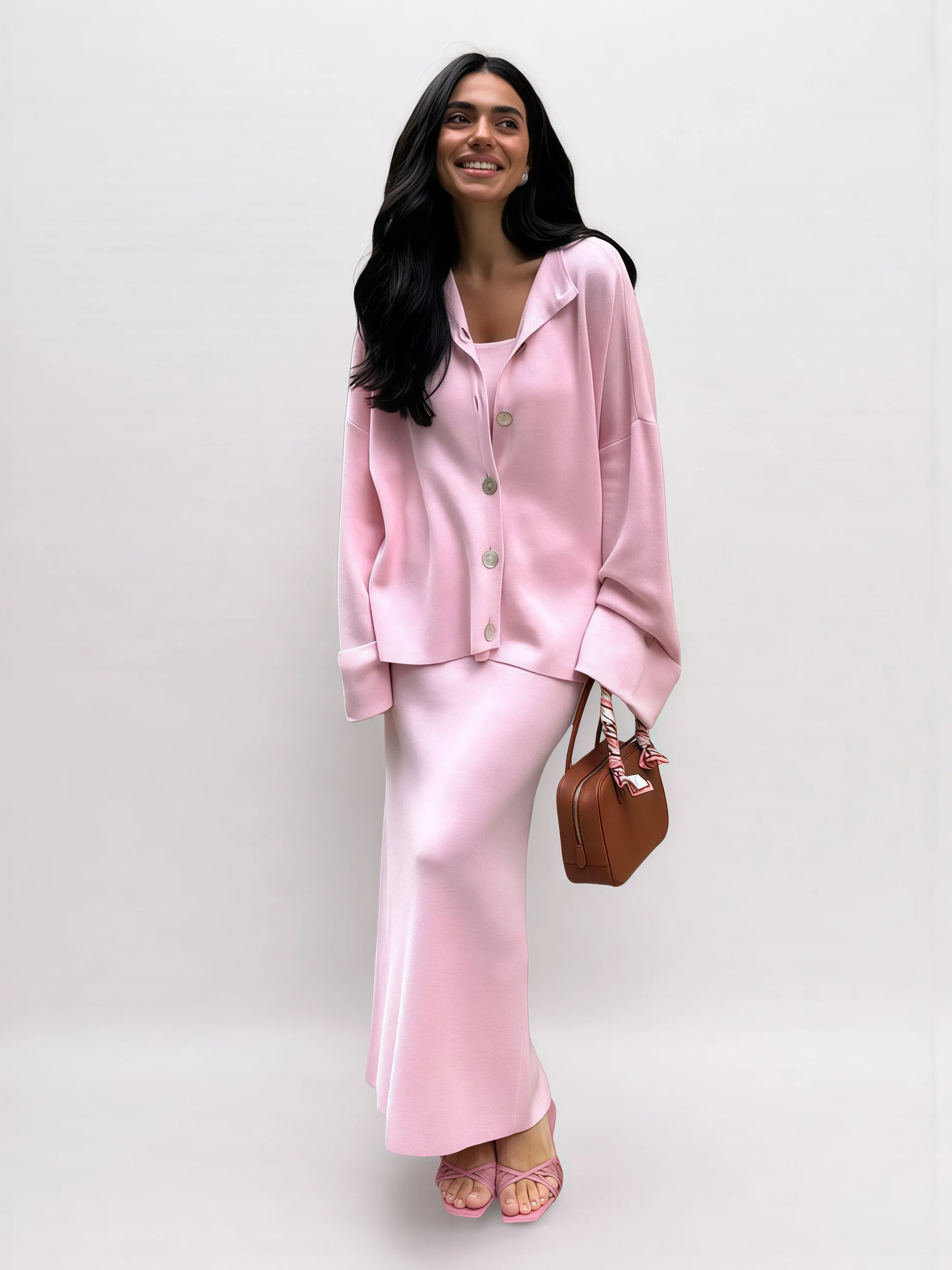 Button Front Cardigan Cami Top and Maxi Skirt 3 - Piece Set - HIGIANNA&reg;