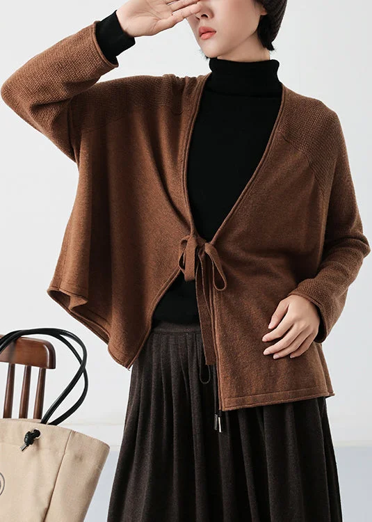 Simple Cozy Coffee Lace Up Wool Cardigans Spring