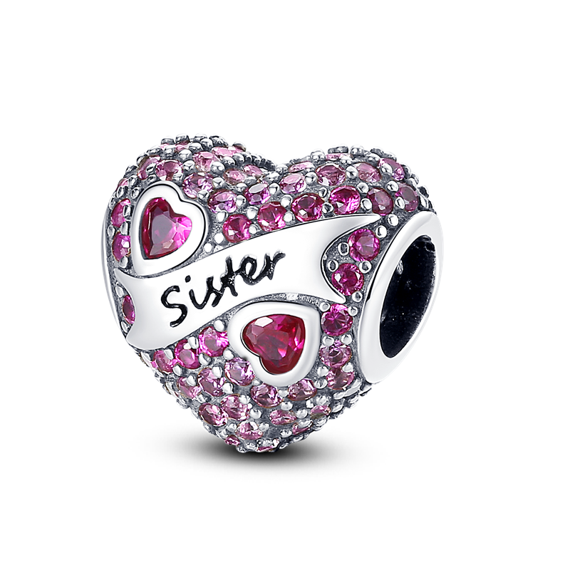 Genuine 925 Sterling Silver Pink Love Pendant Clear CZ Charm fit Charm Bracelet DIY Jewelry KTC041