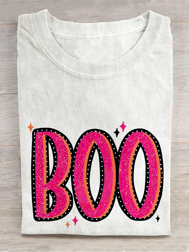 BOO Halloween Pink Casual Print T-shirt