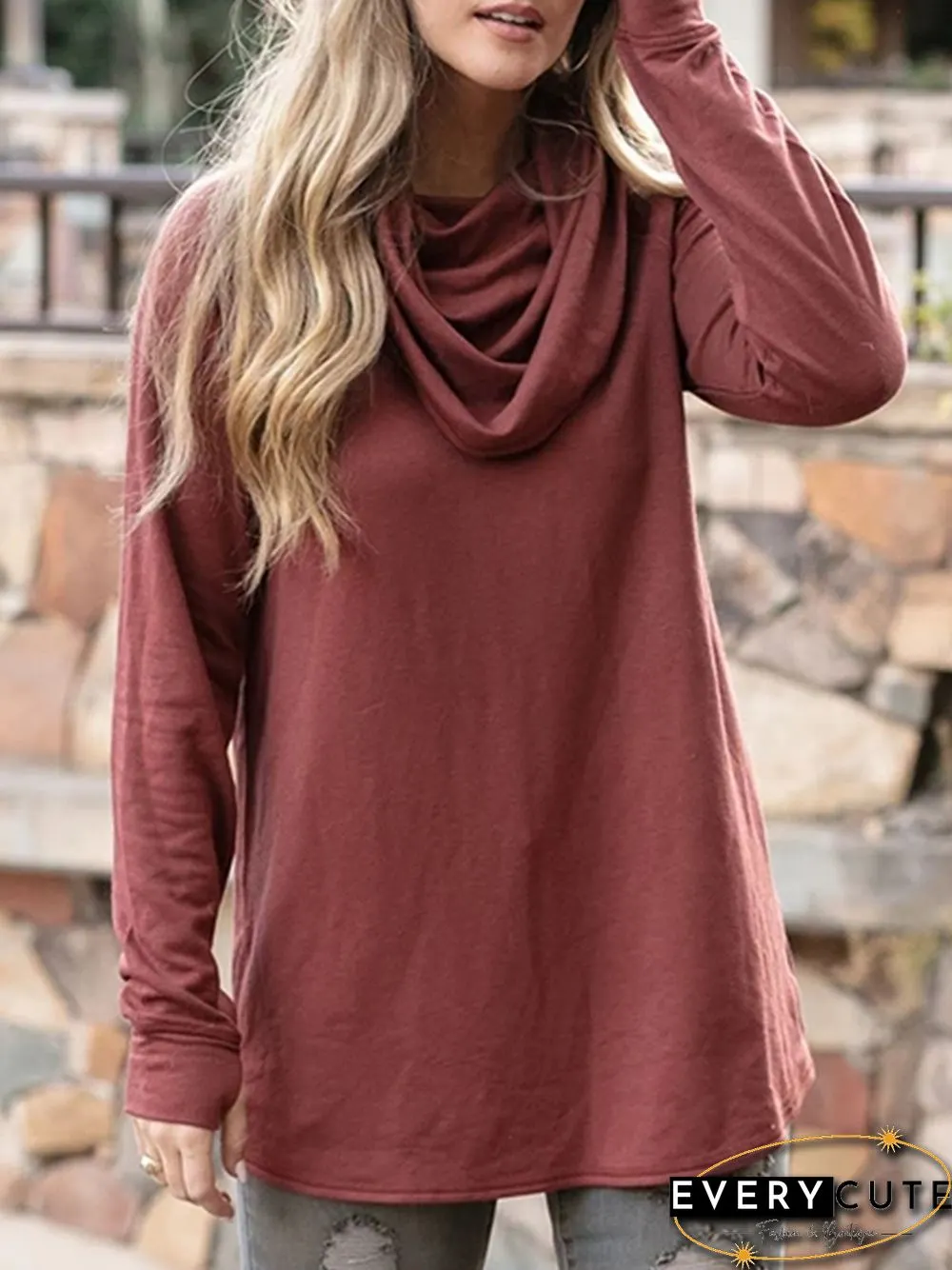 Women Plus Size Cowl Neck Vintage Long Sleeve Casual Tops