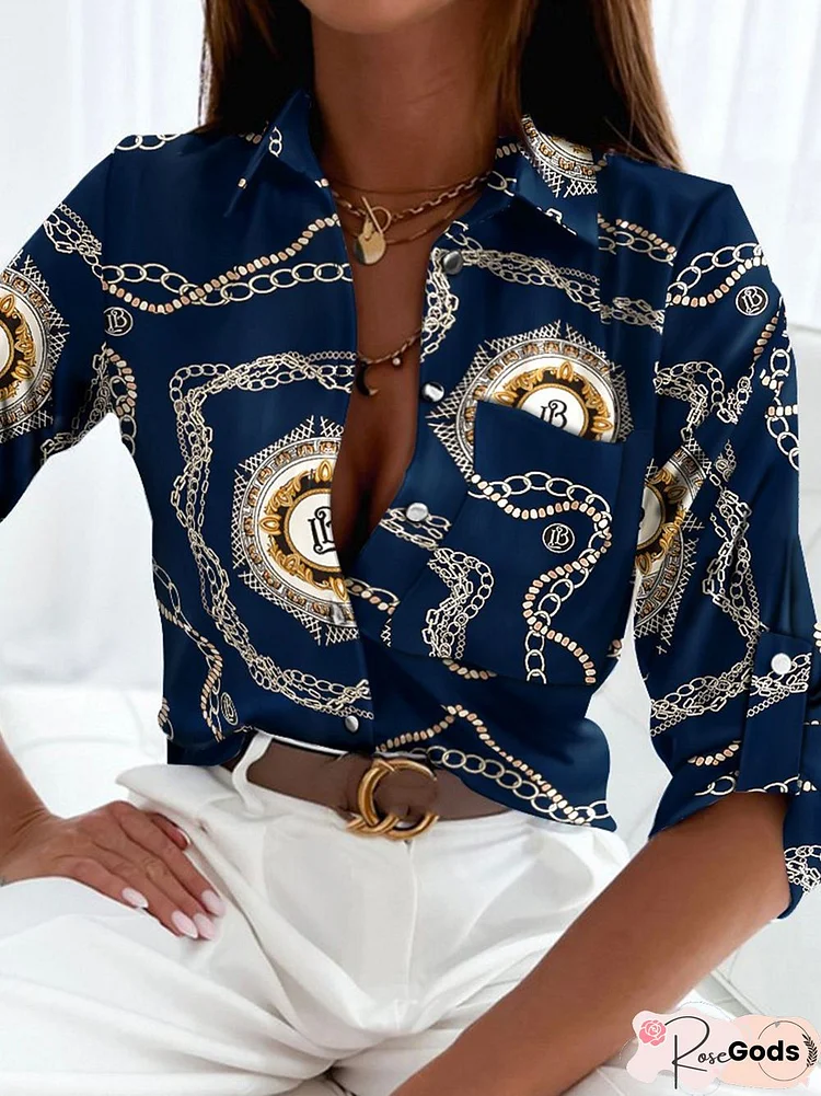 Urban Abstract Chain Printed Shirt Collar Blouse