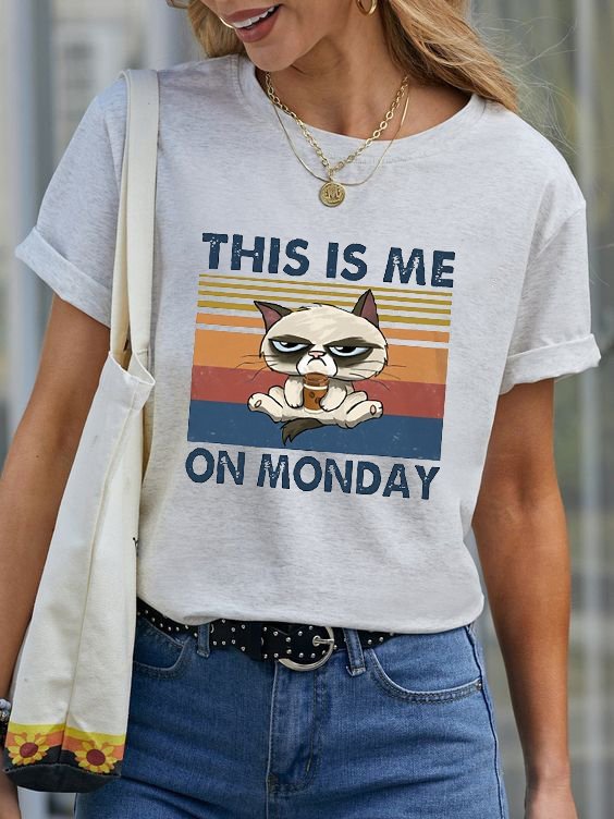 Women's Funny Cat Print Crew Neck Short Sleeve Tee Shirt , Funny Tee Shirt, Sarcastic T-Shirt, Saying Tee Shirt