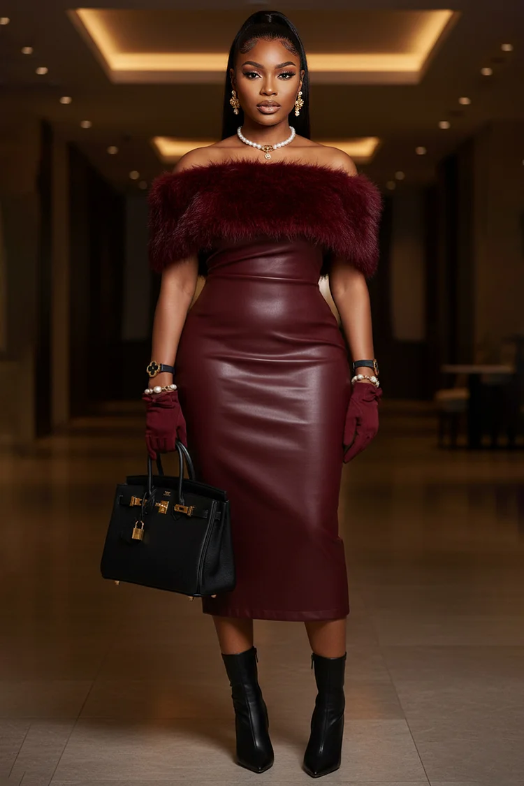 Off Shoulder Fuzzy Bandeau PU Leather Party Midi Dresses-Burgundy [Pre Order]