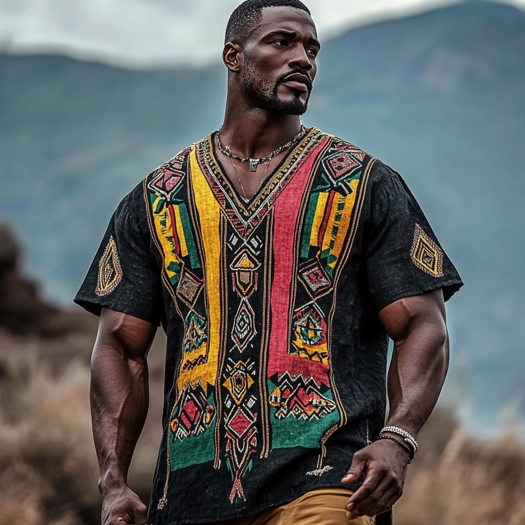 Men's African Tribal Ethnic Geometry Art Print Linen T-shirt