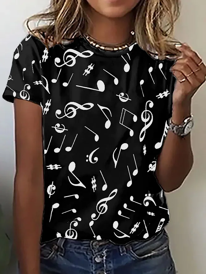 Casual Simple Music Note Print Round Neck Short Sleeve T-shirt