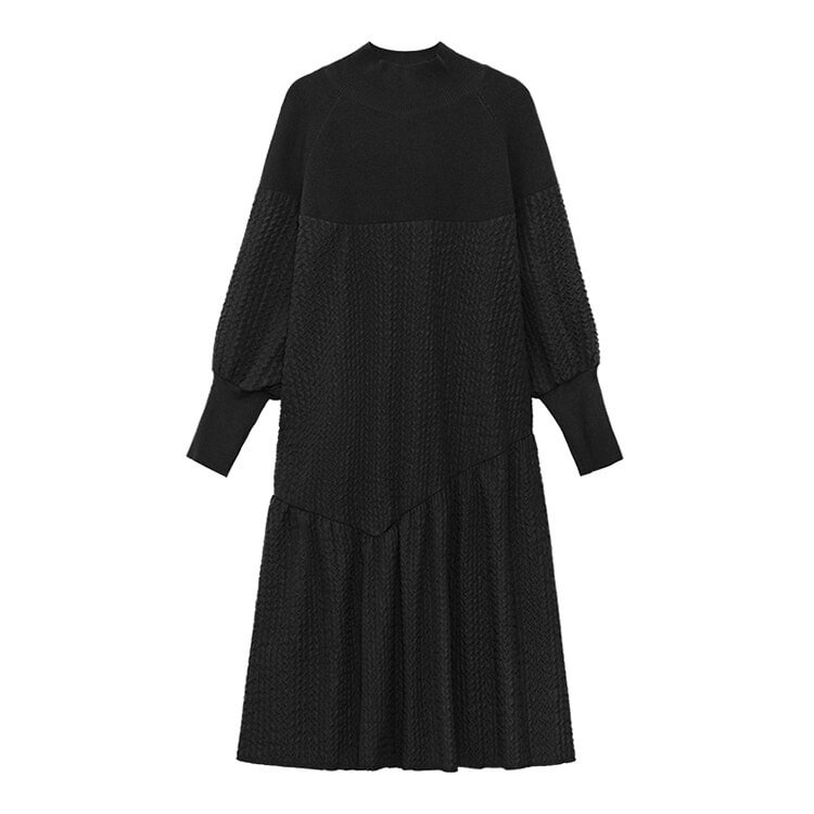 Elegant Loose Solid Color Turtleneck Patchwork Texture Long Sleeve Pleated Hem Dress       
