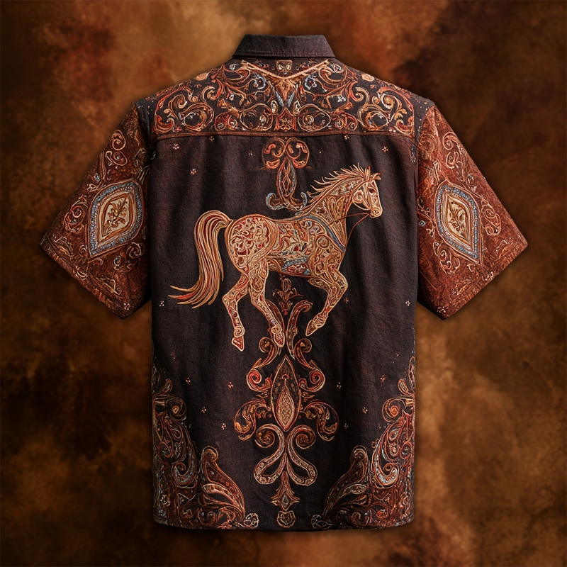 Western Horse & Paisley Embroidered Vintage Linen Shirt