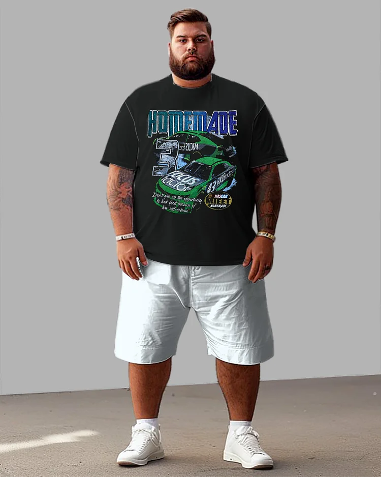Men's Plus Size Alphabet Racing Print T-Shirt Shorts Suit