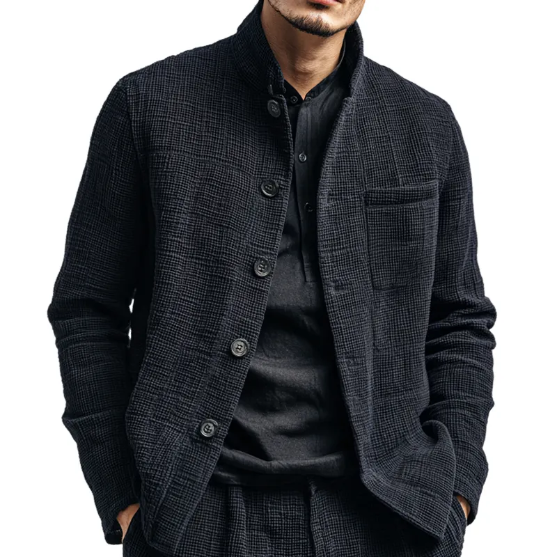 Men's Solid Textured Stand Collar Single Breasted Casual Jacket
