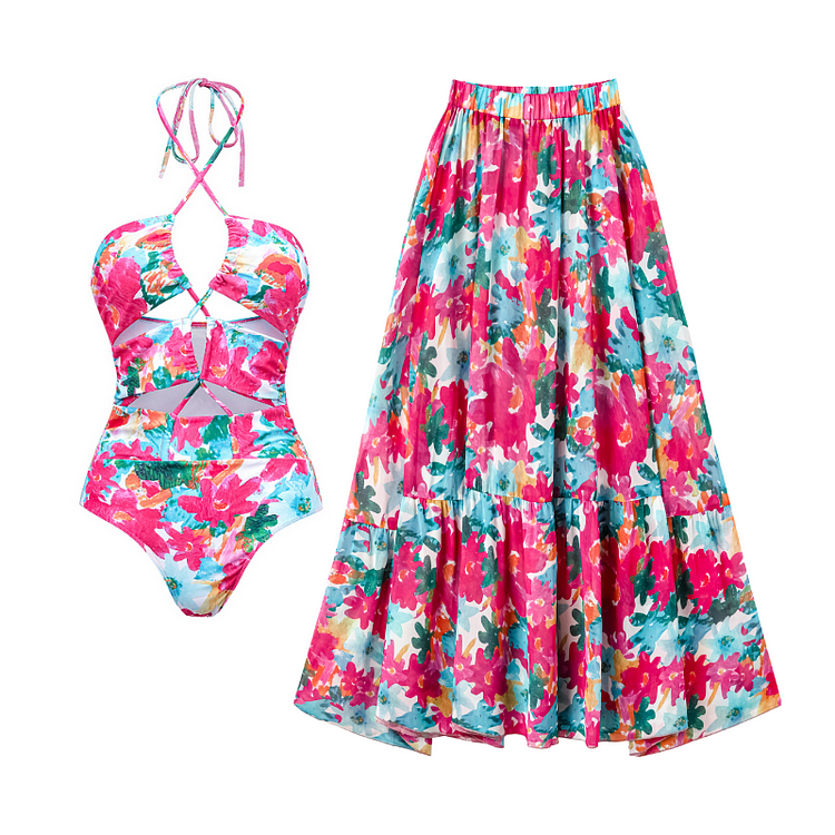 Halter Cutout Floral One Piece Swimsuit and Skirt Flaxmaker 