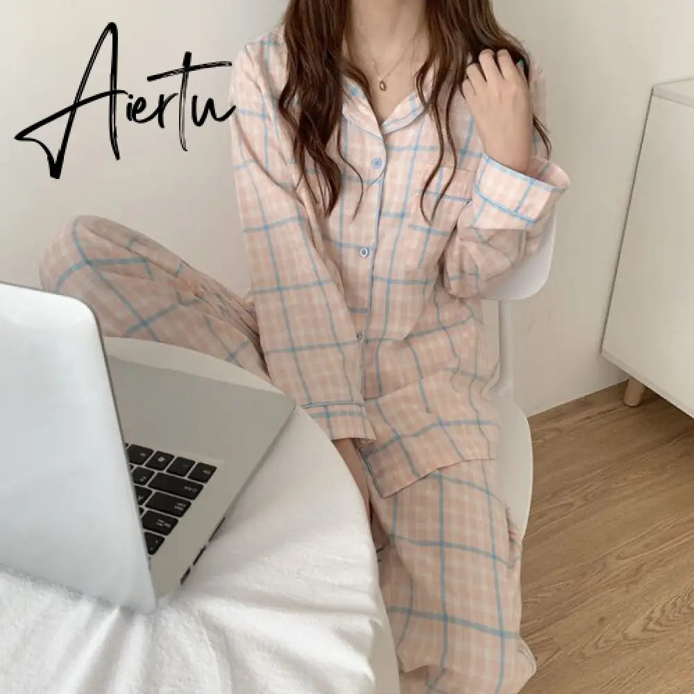 Aiertu New Fashion Sleepwear Women's Cotton Cute Pajamas Girls Long Sleeve Tops+Pants with Pockets Stripe Casual Lounge Wear Aiertu
