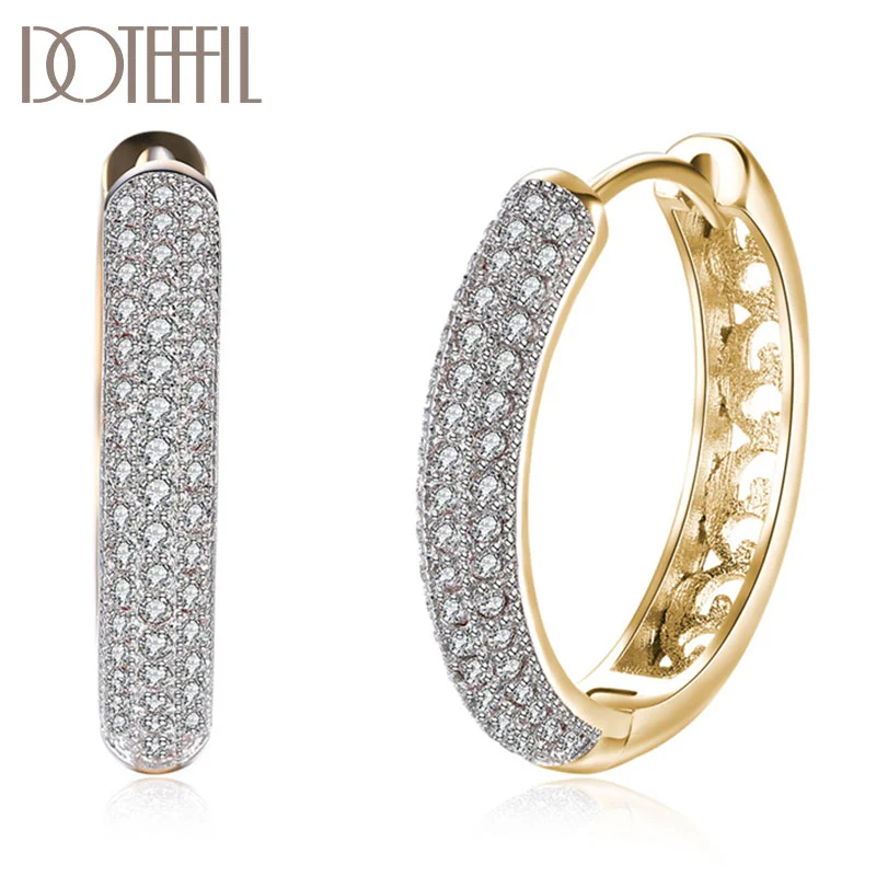 DOTEFFIL 925 Sterling Silver 18K Gold Hollow AAA Zircon Round Earrings For Women Jewelry
