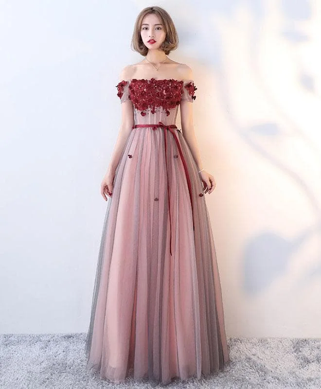 Burgundy Tulle Lace Long Prom Dress, Burgundy Evening Dress SP19073
