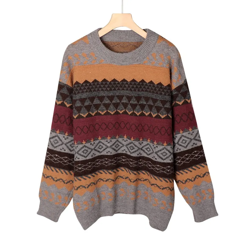 Vintage Knitted Sweaters Women Striped Pullovers Ladies Winter Jumpers Casual Knitwear Argyle Loose Sweater Streetwear 2021